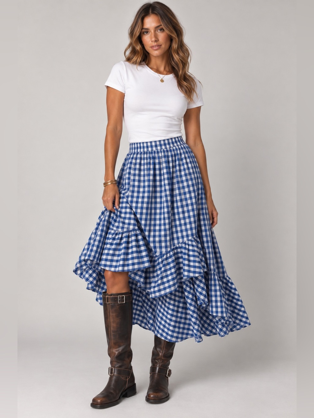 J. Crew Blue /White Gingham Ruffle Cottagecore Wrap Maxi Skirt Sz Medium
